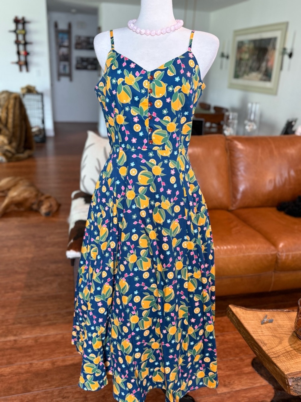 🍊Collectif Navy Midi Dress Retro Picnic Floral Fruit Print
